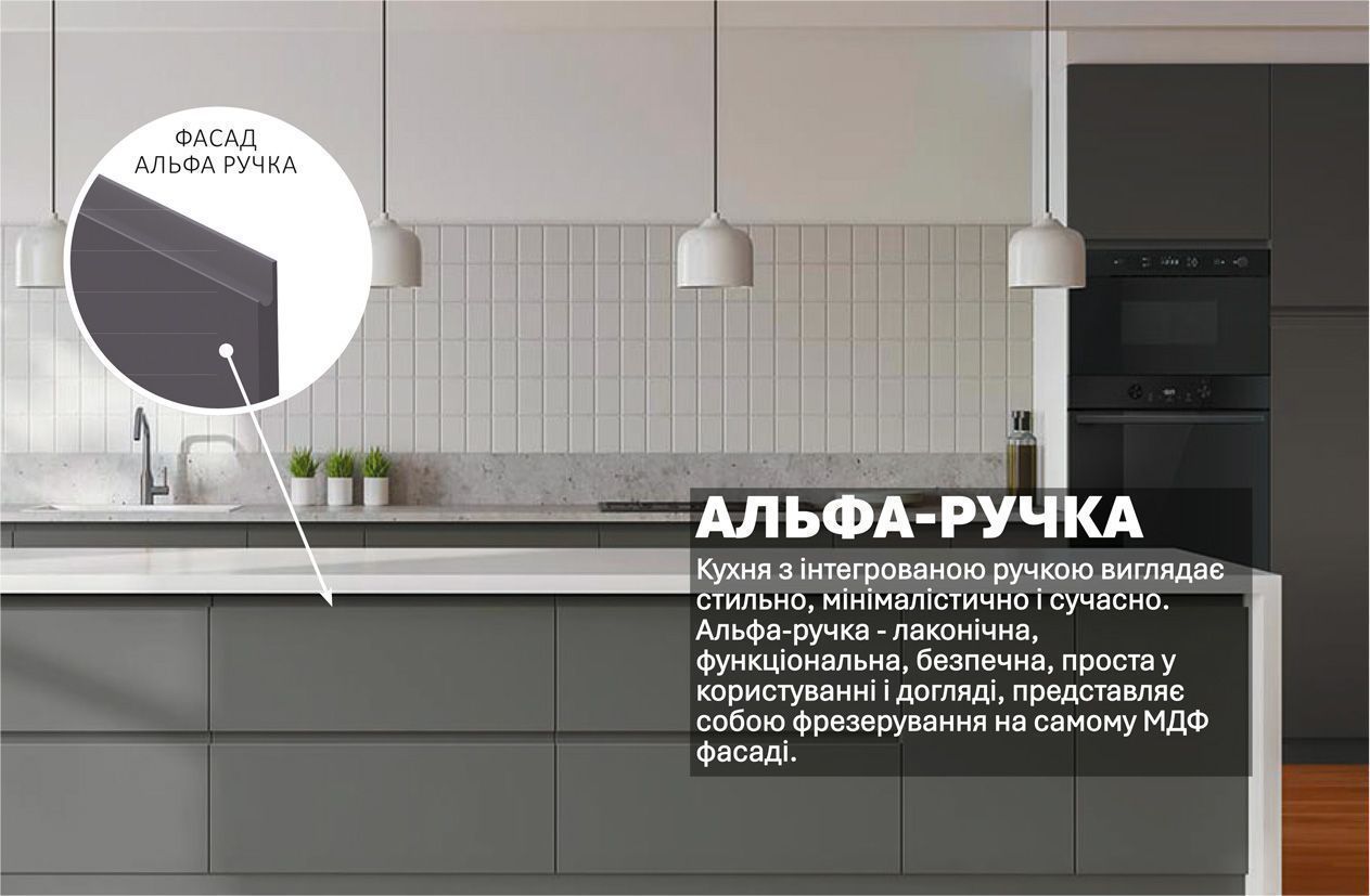 Кухня "Альфа ручка" 5,6м з кухонним островом фарбований МДФ